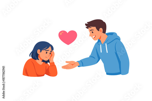 Man offering comfort to a sad woman with a heart symbol