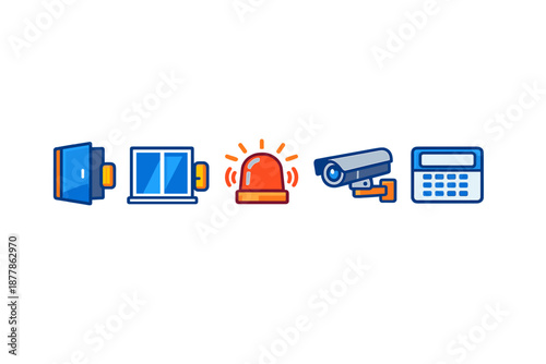 Security system icons: door, window, siren, camera, calculator