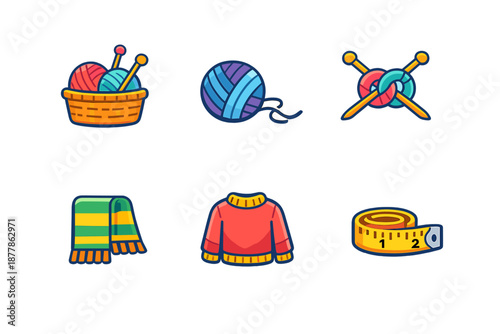 Knitting icons: basket of yarn, yarn ball, needles, scarf, sweater