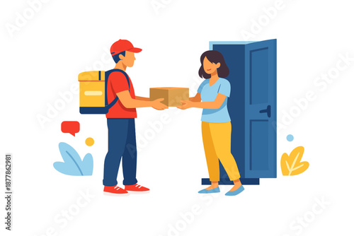 Delivery person handing a package to a woman at a door
