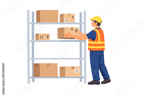 Warehouse worker putting box on a shelf