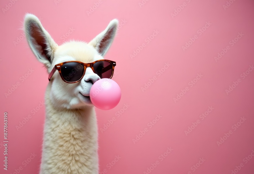 Fototapeta premium Alpaca wearing sunglasses is blowing a pink bubblegum bubble against a solid pink background, creating a playful and whimsical atmosphere for fun and creative imagery