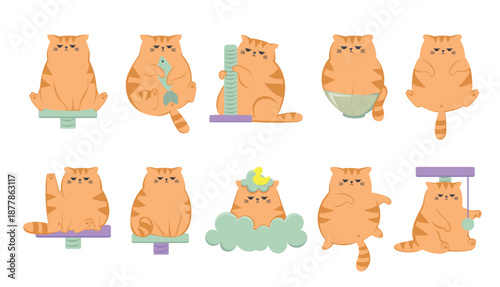 The collection of cute funny grumpy ginger cat. Cats sitting, sleeping and playing with cats house. Cute funny cartoon cat character in different poses.