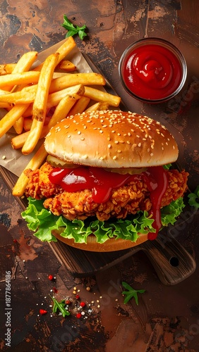 A mouth-watering crispy fried chicken burger with fresh lettuce, pickles, and golden french fries