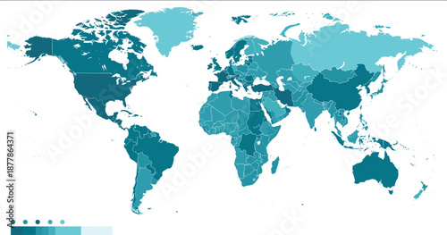 World Map Vector Illustration with Country Borders and Color Coded Regions for Global Geography, Infographics, Data Visualization, and Educational Design Projects