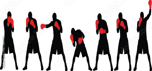 Set of professional boxer silhouettes in various fighting stances wearing red gloves performing punches and defensive moves on white background