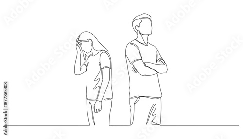 A man and woman are standing next to each other, with the man looking away and the woman looking at the ground. Scene is sad and lonely