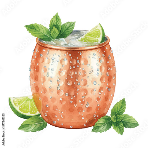 Moscow Mule Copper Mug Watercolor Illustration, Ginger Lime Cocktail, Hand Painted Vector Isolated on White
