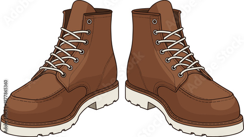 Brown lace‑up boots illustration, rugged outdoor footwear design, durable work shoes vector, white sole detail, hiking fashion accessory, flat vector illustration
