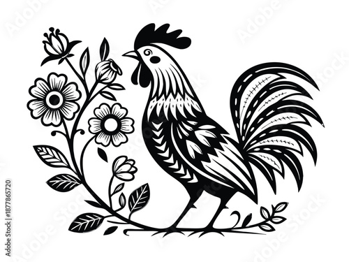 Decorative Rooster and Floral Vines Folk Art Illustration