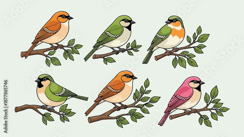 Colorful cartoon birds perching on branches with green leaves, vector illustration.