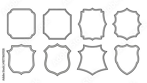 Collection of elegant blank decorative frames and vintage shield shapes.