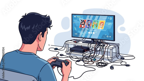 Gamer Enjoying Video Game on Console with Tangled Wires