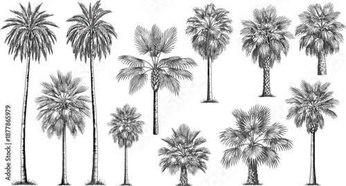Hand Drawn Palm Tree Illustration Set with Tropical Botanical Silhouettes for Nature Designs, Summer Projects, Vintage Engravings, and Vector Artwork