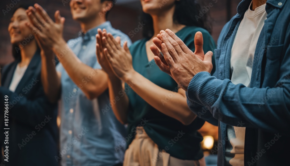 Fototapeta premium A diverse group of people clapping, showing appreciation and engagement in a lively atmosphere.