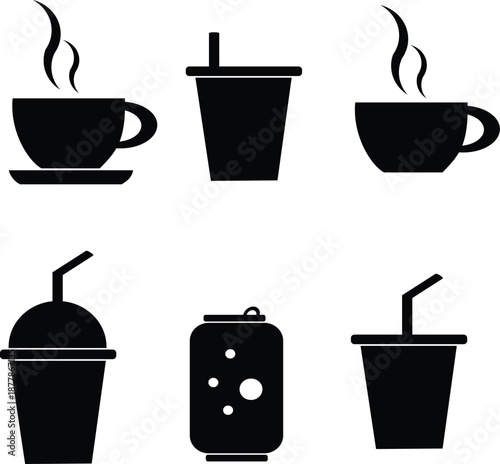 A collection of black beverage icons featuring hot coffee cups with steam, a soda can, takeaway drink cups, and soft drink containers. Clean and simple silhouette vector style. Ideal for cafe menus, r