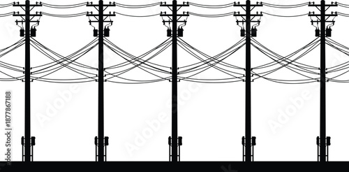 Silhouette illustration of power utility poles with overhead electrical cables,industrial infrastructure design for energy, electricity, telecommunications, engineering, and urban technology concepts.