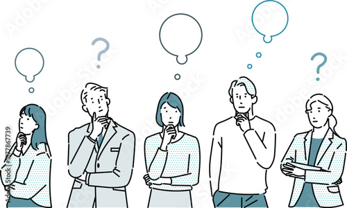 ビジネスパーソンの男女ー複数ー疑問ー上半身ー困ったアイコンーシンプルベクターイラスト素材