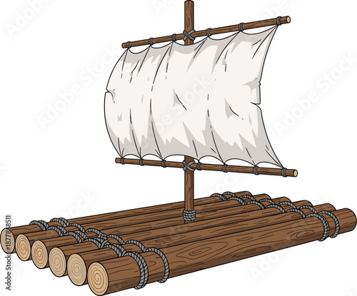 Wooden raft cartoon, sailing boat, rope tied logs, handmade vessel, watercraft icon, primitive transport, flat vector illustration