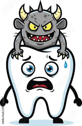 Tooth decay cartoon, dental monster, scared tooth, oral health issue, cavity concept, kids dental icon, flat vector illustration