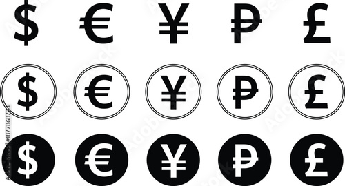 Professional Set of Global Currency Symbols Featuring Dollar Euro Yen Ruble and Pound Icons in Three Different Styles.