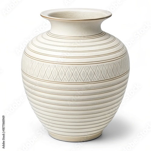 Elegant cream ceramic vase with intricate embossed pattern isolated on white background