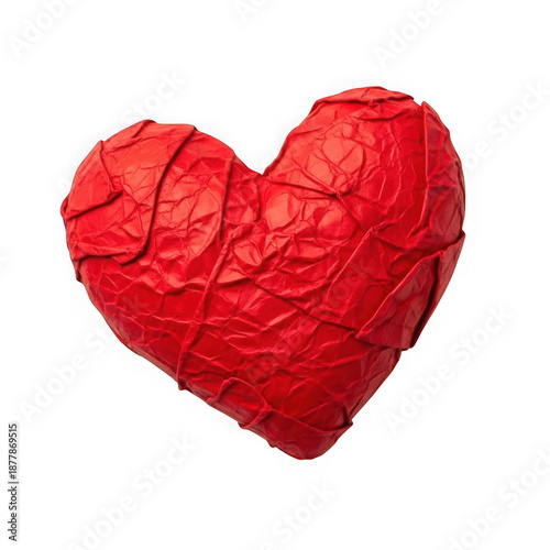 Crinkled red heart isolated on transparent background