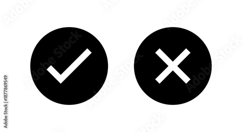 Check and cross mark icon in black circle. Tick and x symbol. Checkmark and close sign