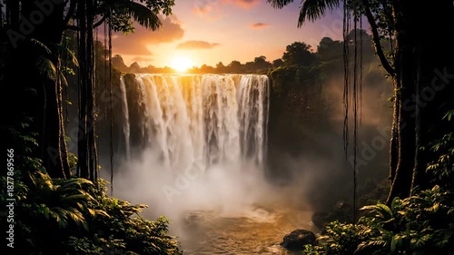 Breathtaking waterfall in lush jungle at sunrise, nature landscape with vibrant ferns and trees, tranquil scenery.