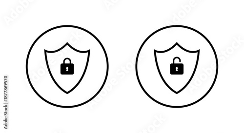 Shield lock and unlock icon set in circular outline. Security, privacy protection, and access control symbol