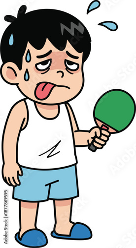 Tired boy cartoon, ping pong player, exhausted kid, sports fatigue, table tennis, sweaty face, humorous scene, flat vector illustration