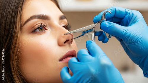 Nasal polyp removal Doctor examines woman's nose with medical speculum in clinic