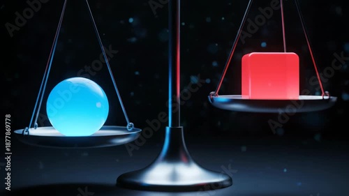 Conceptual 3D render of a balance scale showing equilibrium between glowing blue sphere and red cube object on a dark, dramatic background.