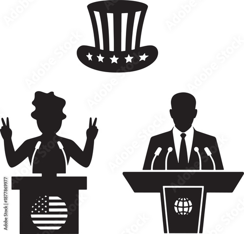Presidential Election Silhouettes with USA Hat & Podium for Politics, Campaigns, News & Social Media

