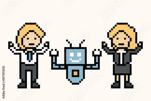 Robot robotic or ai humanoid human business concept enginner automation with bot,toy,artificial intelligence,pixel,8 bit,background,colorful,businessman.
