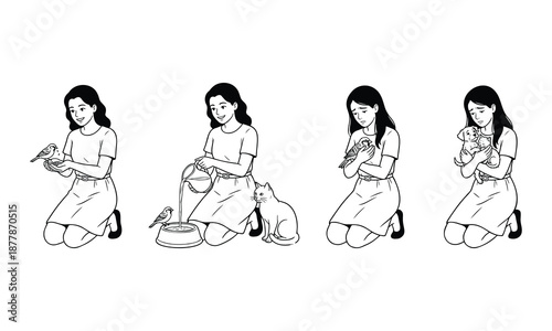 World Wildlife Day illustration set woman caring for animals feeding bird helping cat and rescuing puppy wildlife protection awareness line art vector isolated on white background