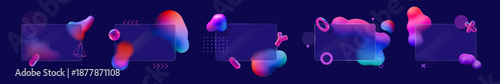 Glass shapes. 3d neon card as transparent ui morphism rectangle, square liquid element with gradient blur, glassmorphism graphic design. Empty planes with copy space. Vector abstract mockup