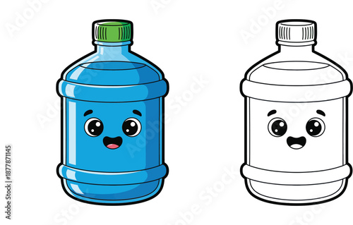 Cute kawaii water gallon bottle character. Vector illustration of blue plastic jug and black and white outline for coloring book. Funny mascot isolated on white background.