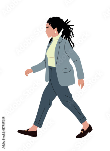 Professional woman in gray blazer, yellow turtleneck, and blue pants walking, modern minimalist corporate style. Flat vector illustration isolated on transparent background