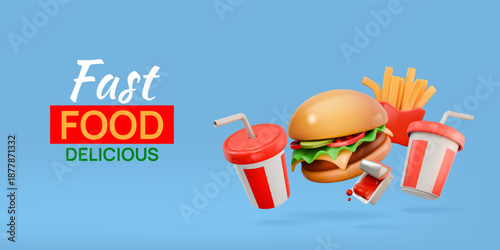 3d fast food. Soda drink, snack or coffee in restaurant, ice cocktail and potato chips. Takeaway burger or cheeseburger. Flying cup in cooking menu. Vector render isolated elements