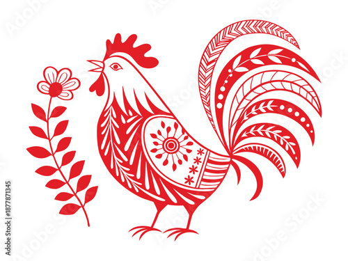 Decorative Red Rooster, Folk Art Slavic Style Vector Illustration