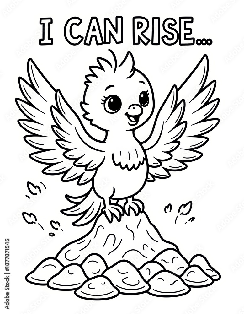 Fototapeta premium Inspirational Coloring Page of a Bird with Wings, Surrounded by Stones and Uplifting Text