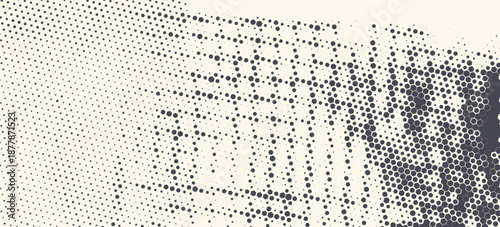 Abstract Vintage Halftone Hexagon Background. Abstract halftone background featuring hexagon and dot patterns with a vintage, distressed texture on a light beige surface.