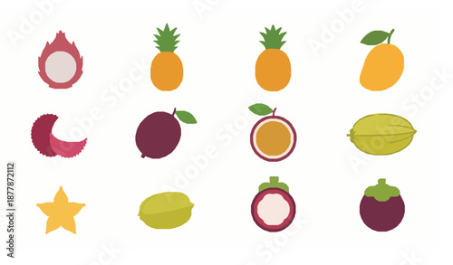 Exotic Fruit Icon Set Flat Vector Illustration for Healthy Nutrition and Educational Design