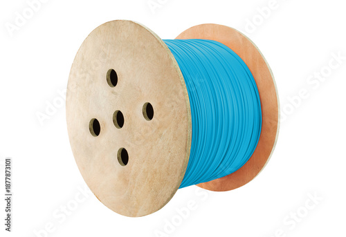 Bright Blue Electrical Cable Spool: High-Quality Telecommunication and Network Wire on Wooden Drum, Isolated