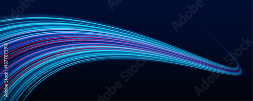Glowing neon laser lines flow across city highways at night. Motion lines, energy waves, and trail swirls illustrate dynamic traffic and futuristic speed in the dark. Vector illustration.