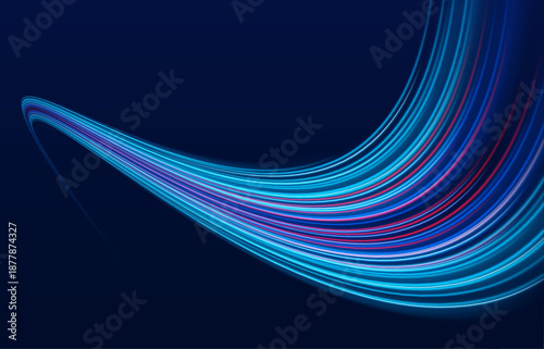 Neon blue, purple laser streaks curve across city streets at night. Motion lines, glowing energy waves, and trail swirls depict futuristic traffic speed and dynamics in the dark. Vector illustration.