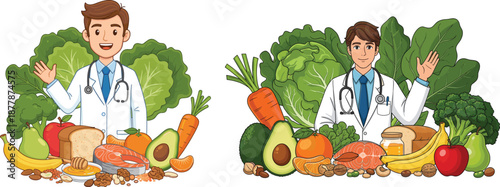 Cartoon doctors promoting healthy eating surrounded by nutritious foods like fruits, vegetables, nuts, and fish, ideal for medical and dietary visuals.