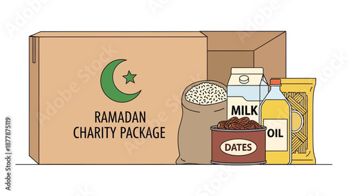 Ramadan charity package with food essentials in a cardboard box