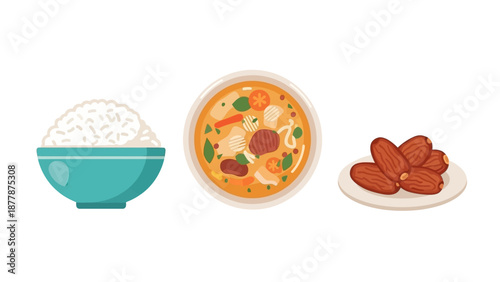 Illustration of Rice, Curry, and Dates on White Background